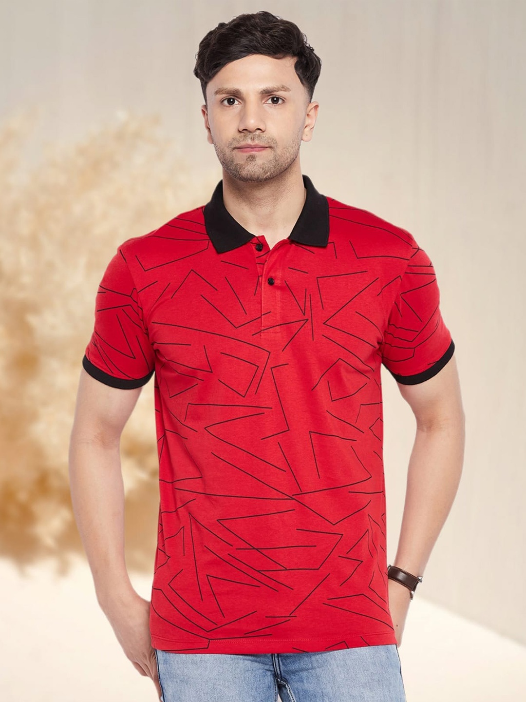 

WILD WEST Geometric Printed Polo Collar T-shirt, Red