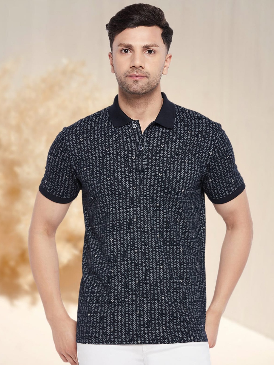

WILD WEST Geometric Printed Polo Collar T-shirt, Navy blue