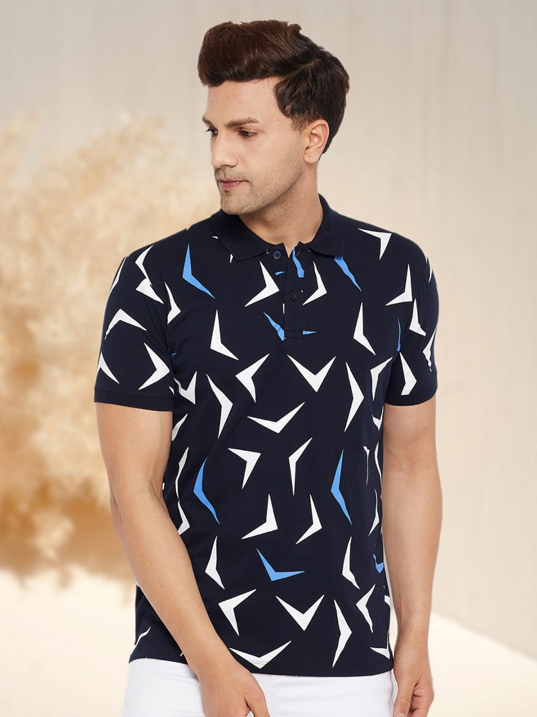 

WILD WEST Geometric Printed Polo Collar T-shirt, Navy blue