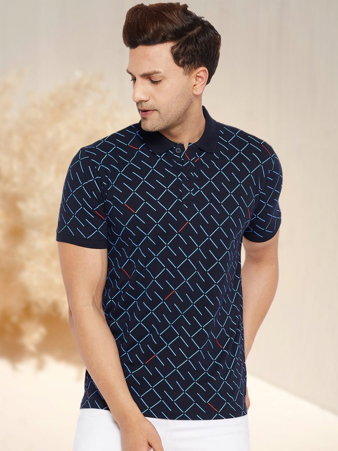 

WILD WEST Geometric Printed Polo Collar T-shirt, Navy blue