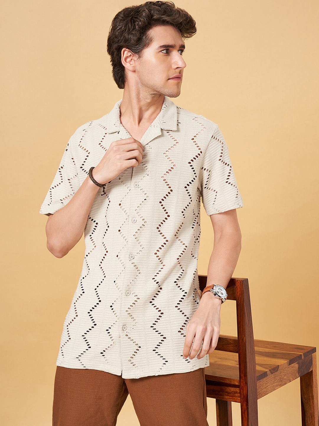 

7 Alt by Pantaloons Cuban Collar Casual Shirt, Beige