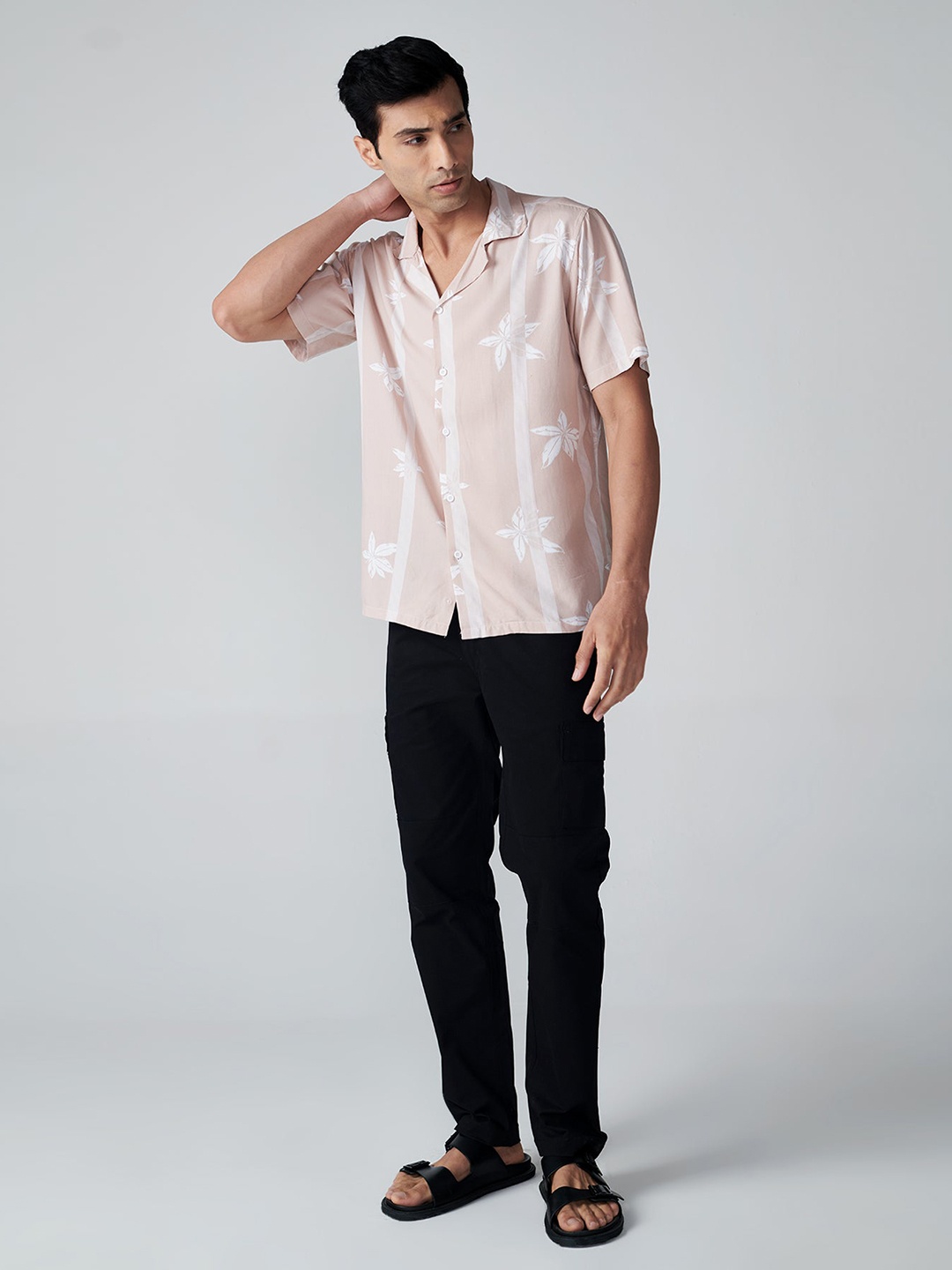 

OFFCUTS Spread Collar Relaxed Floral Printed Casual Cotton Shirt, Beige