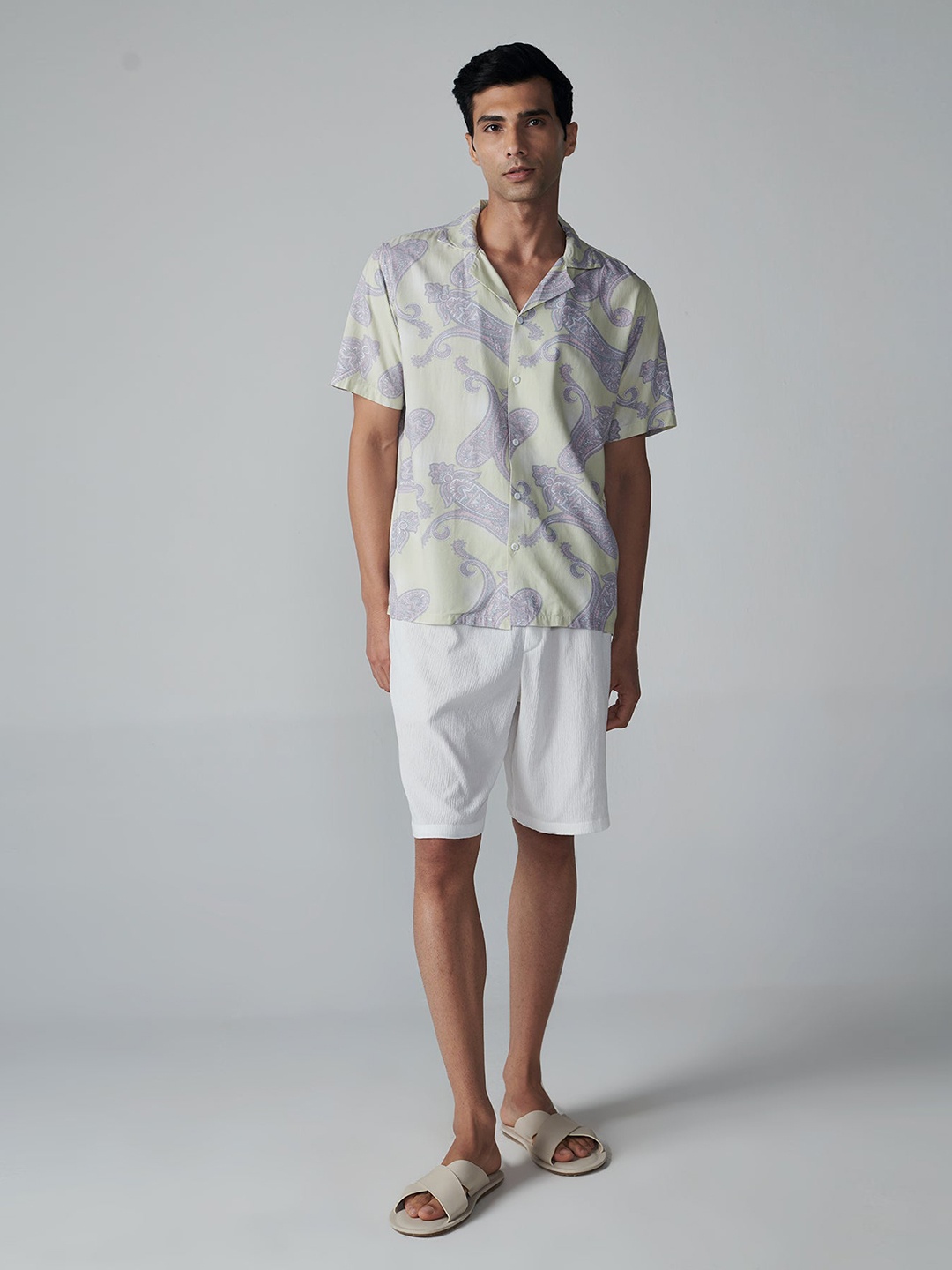 

OFFCUTS Spread Collar Relaxed Ethnic Motifs Printed Casual Cotton Shirt, Green