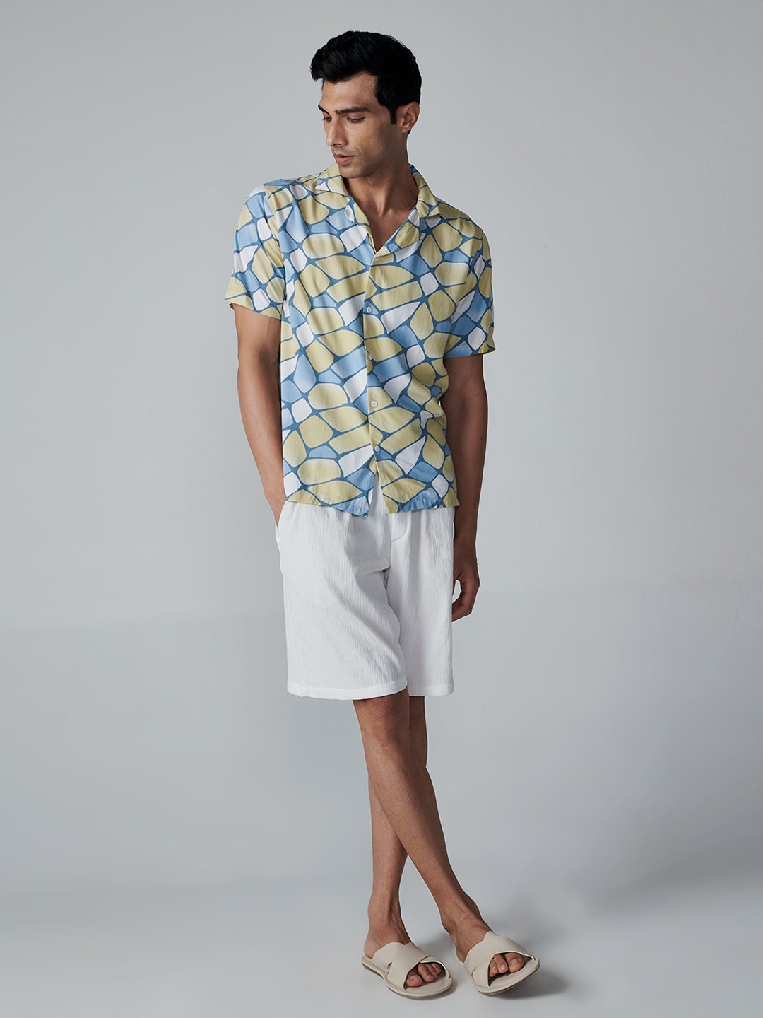 

OFFCUTS Spread Collar Relaxed Floral Printed Casual Cotton Shirt, Blue