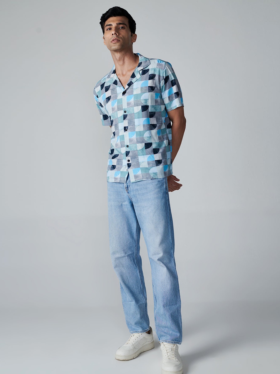 

OFFCUTS Spread Collar Relaxed Geometric Printed Casual Cotton Shirt, Blue