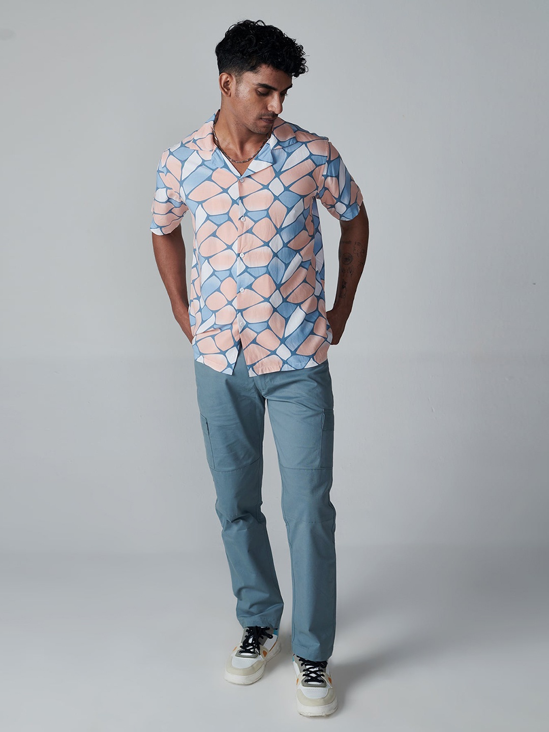 

OFFCUTS Spread Collar Relaxed Geometric Printed Casual Cotton Shirt, Coral