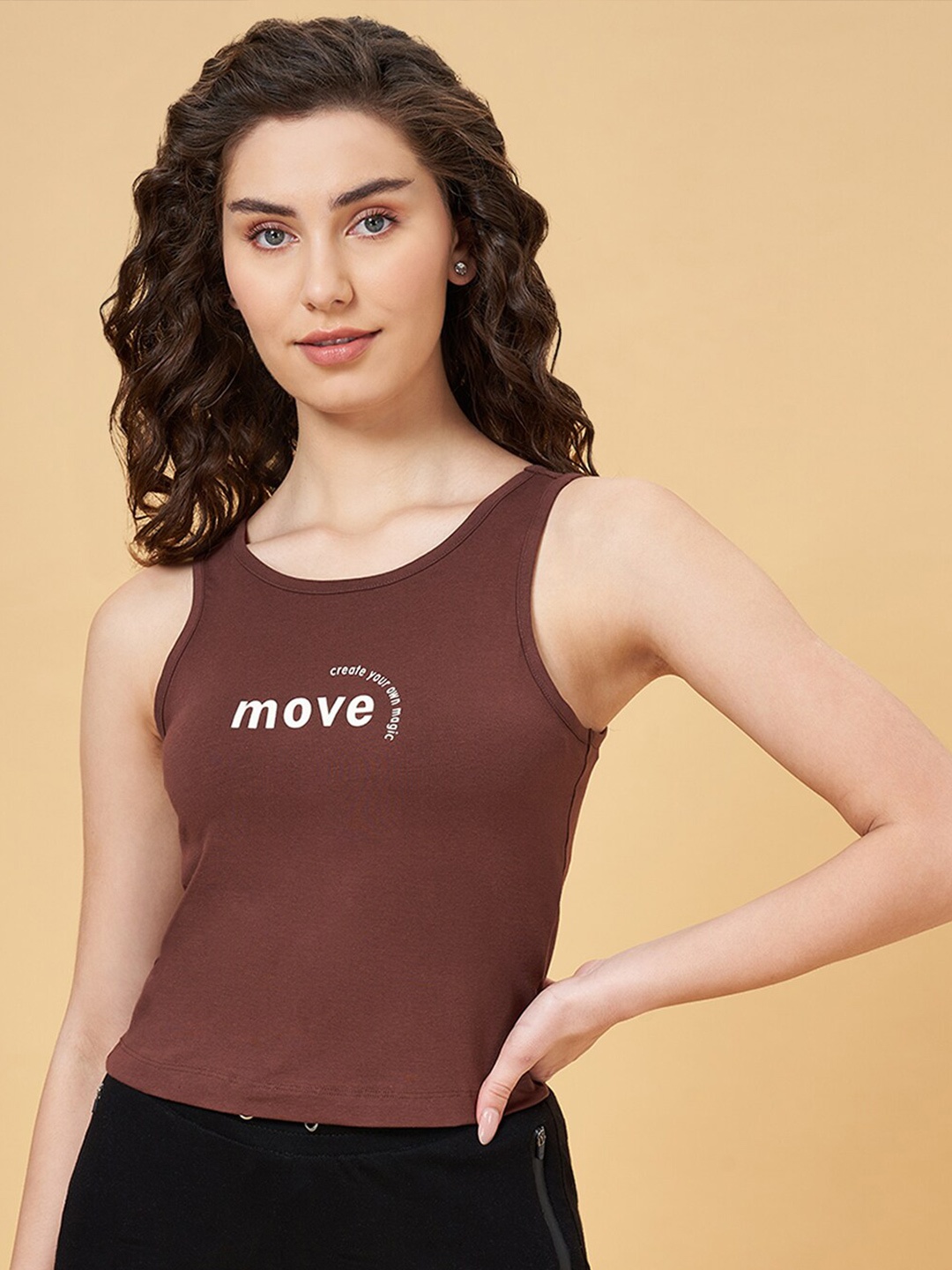 

Ajile by Pantaloons Printed Sleeveless Cotton Crop Top, Brown