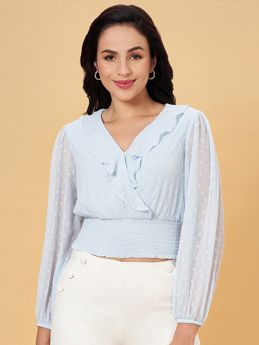 

Honey by Pantaloons Puff Sleeve Blouson Crop Top, Blue