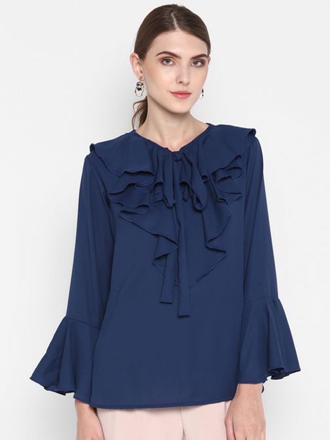 

Indietoga Tie-Up Neck Bell Sleeve Ruffles Georgette Top, Blue