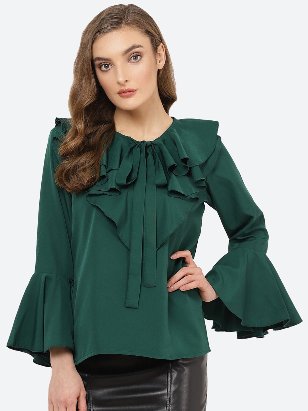 

Indietoga Tie-Up Neck Bell Sleeve Ruffles Crepe Top, Green