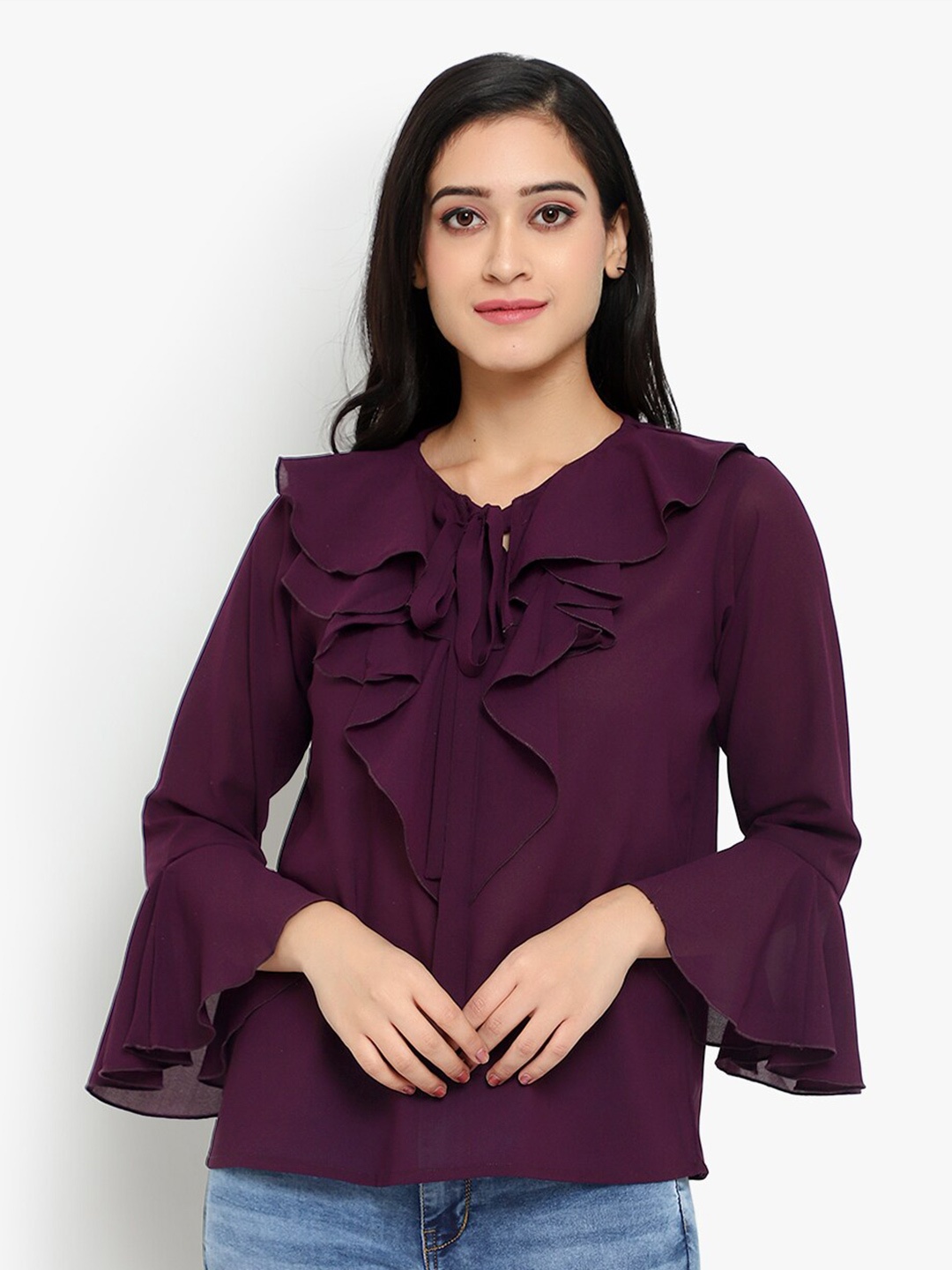 

Indietoga Tie-Up Neck Bell Sleeve Ruffles Georgette Top, Purple