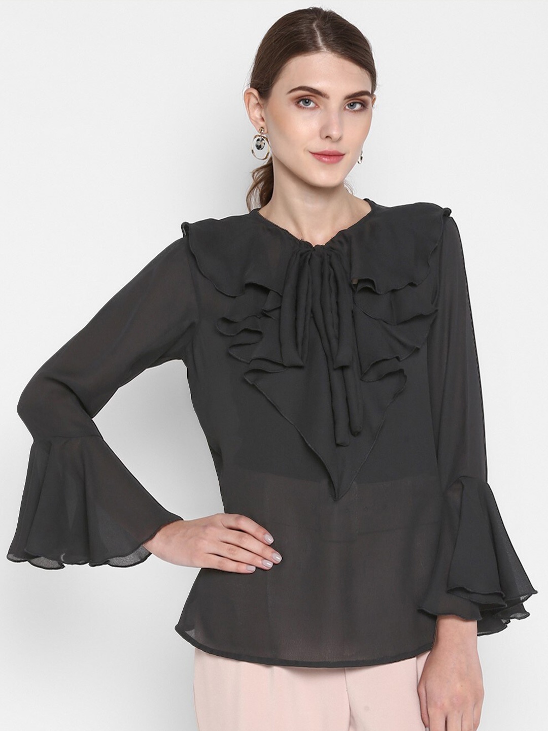 

Indietoga Tie-Up Neck Bell Sleeve Ruffles Georgette Top, Black