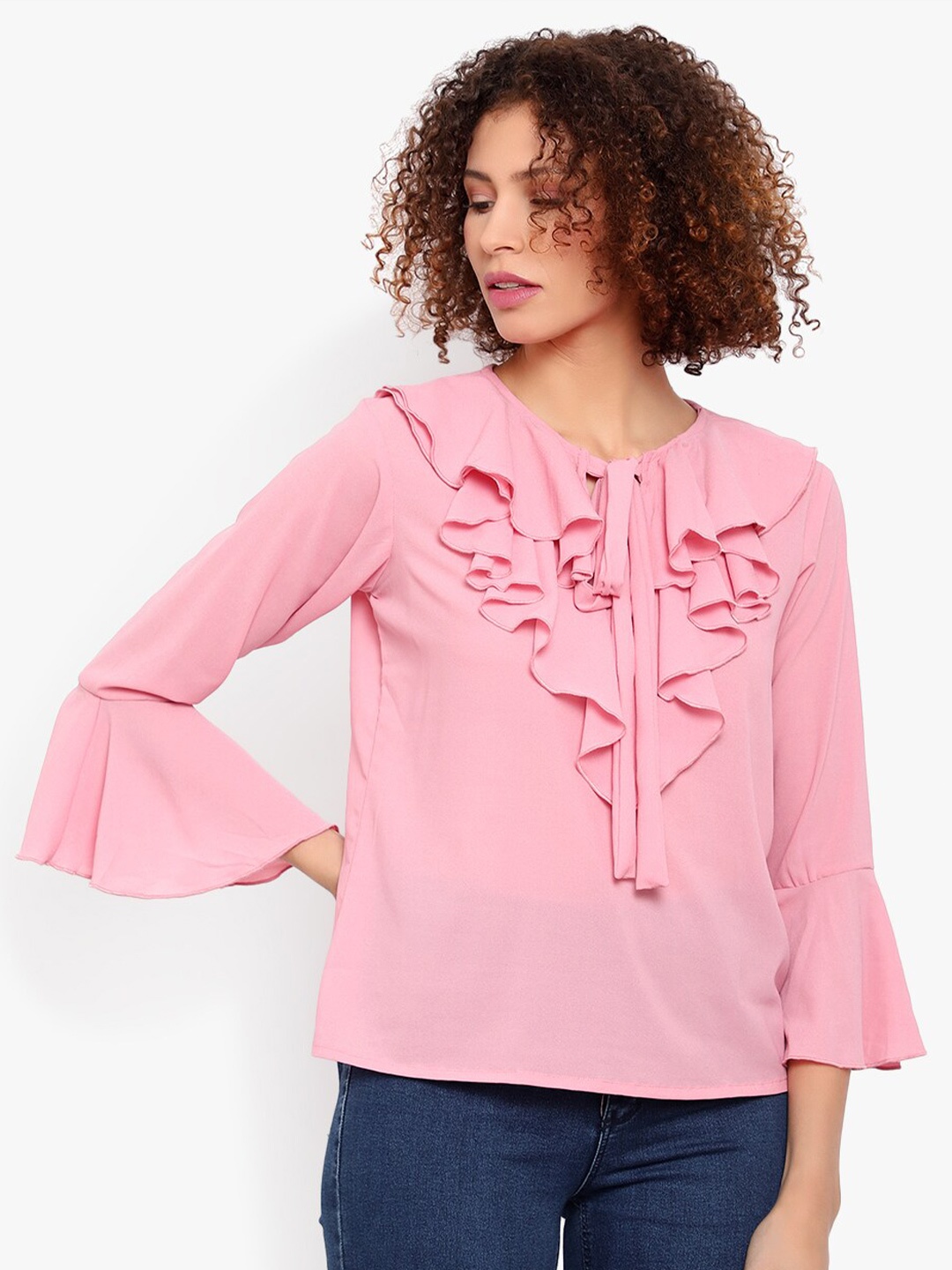 

Indietoga Tie-Up Neck Bell Sleeve Ruffles Georgette Top, Pink