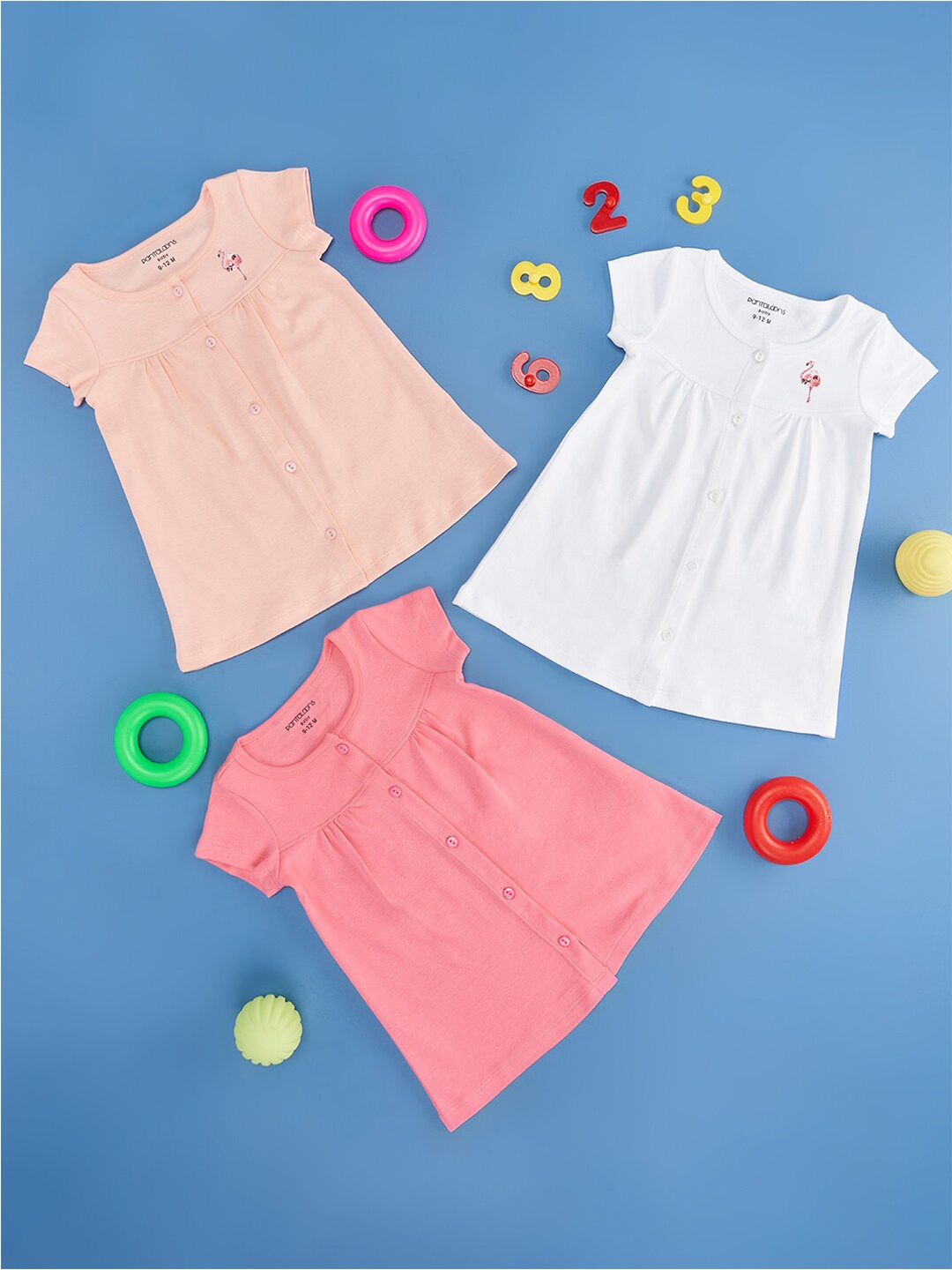 

Pantaloons Baby Girls Pack Of 3 Self Design Cap Sleeves Cotton Top, Pink