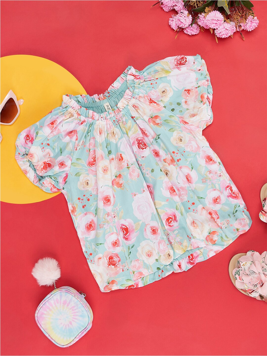 Pantaloons Junior Floral Printed Puff Sleeves Cotton Regular Top, Green
