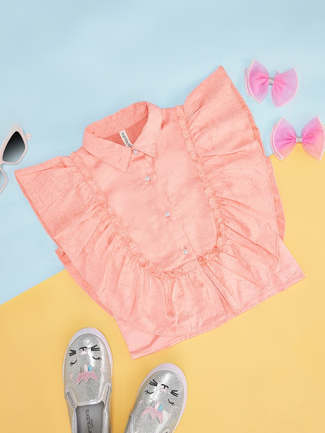 Pantaloons Junior Girls Floral Pattern Puff Sleeve Top, Peach