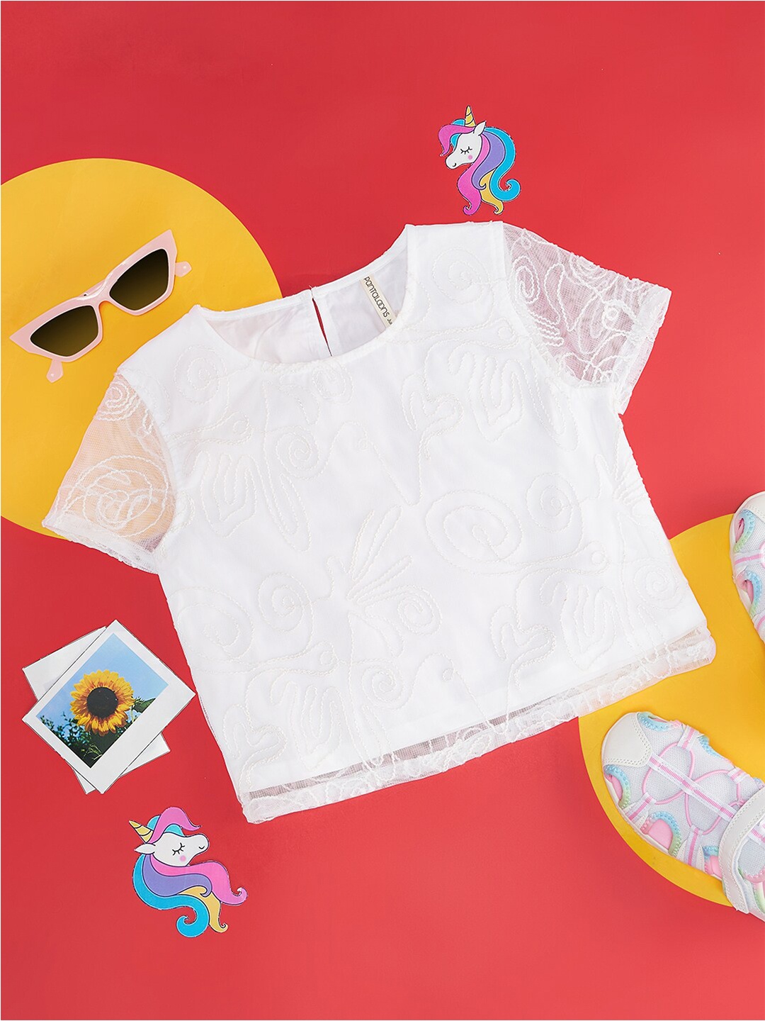 

Pantaloons Junior Self Design Embroidered Round Neck Casual Top, White