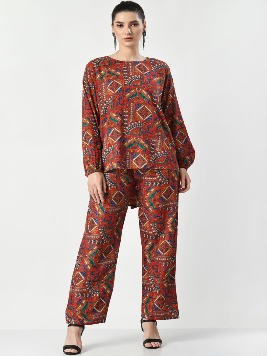 

BAESD Ethnic Motifs Printed Cuffed Sleeves Top With Trousers, Red