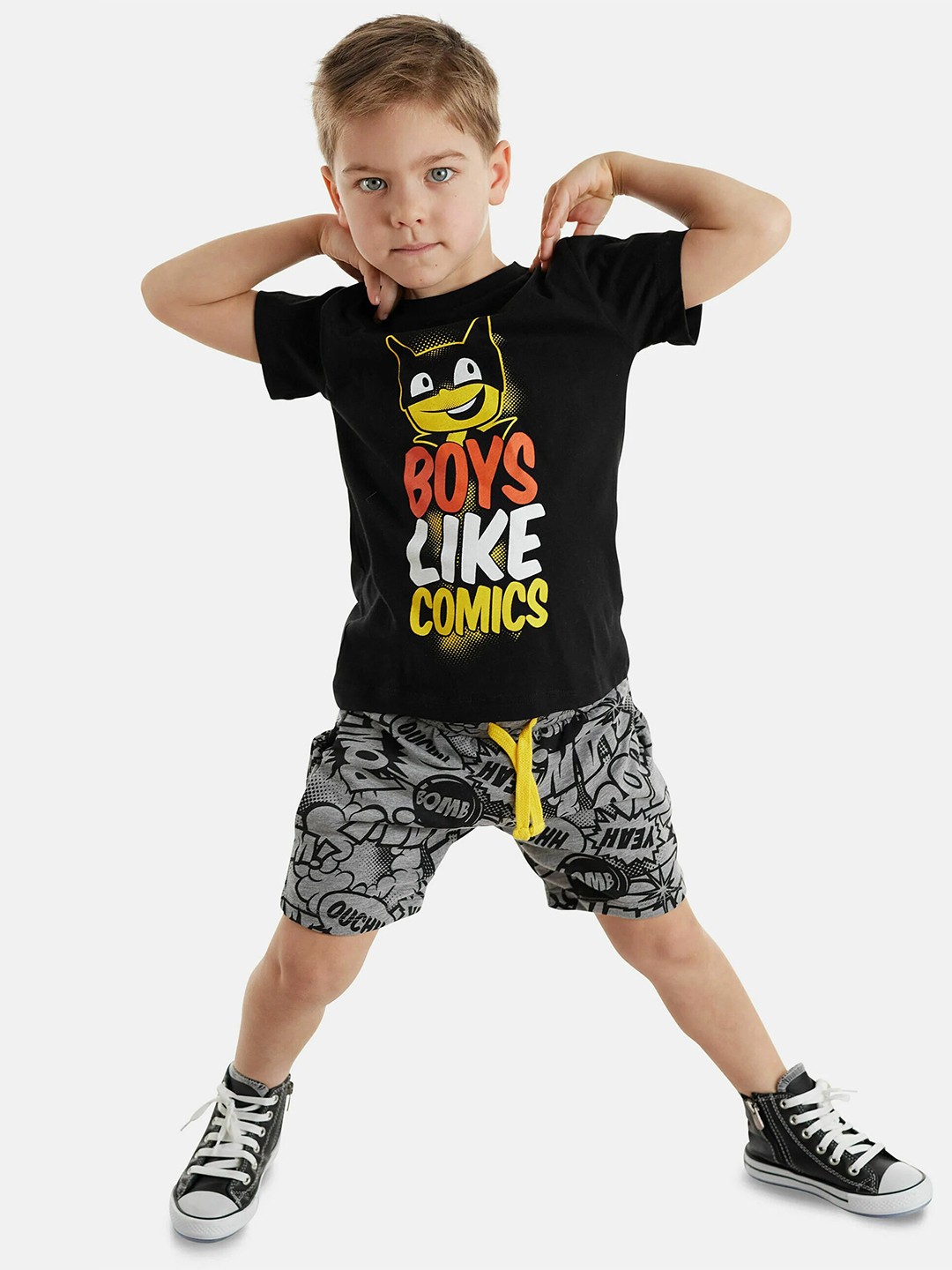 

BAESD Boys Printed Pure Cotton T-Shirt With Shorts, Black