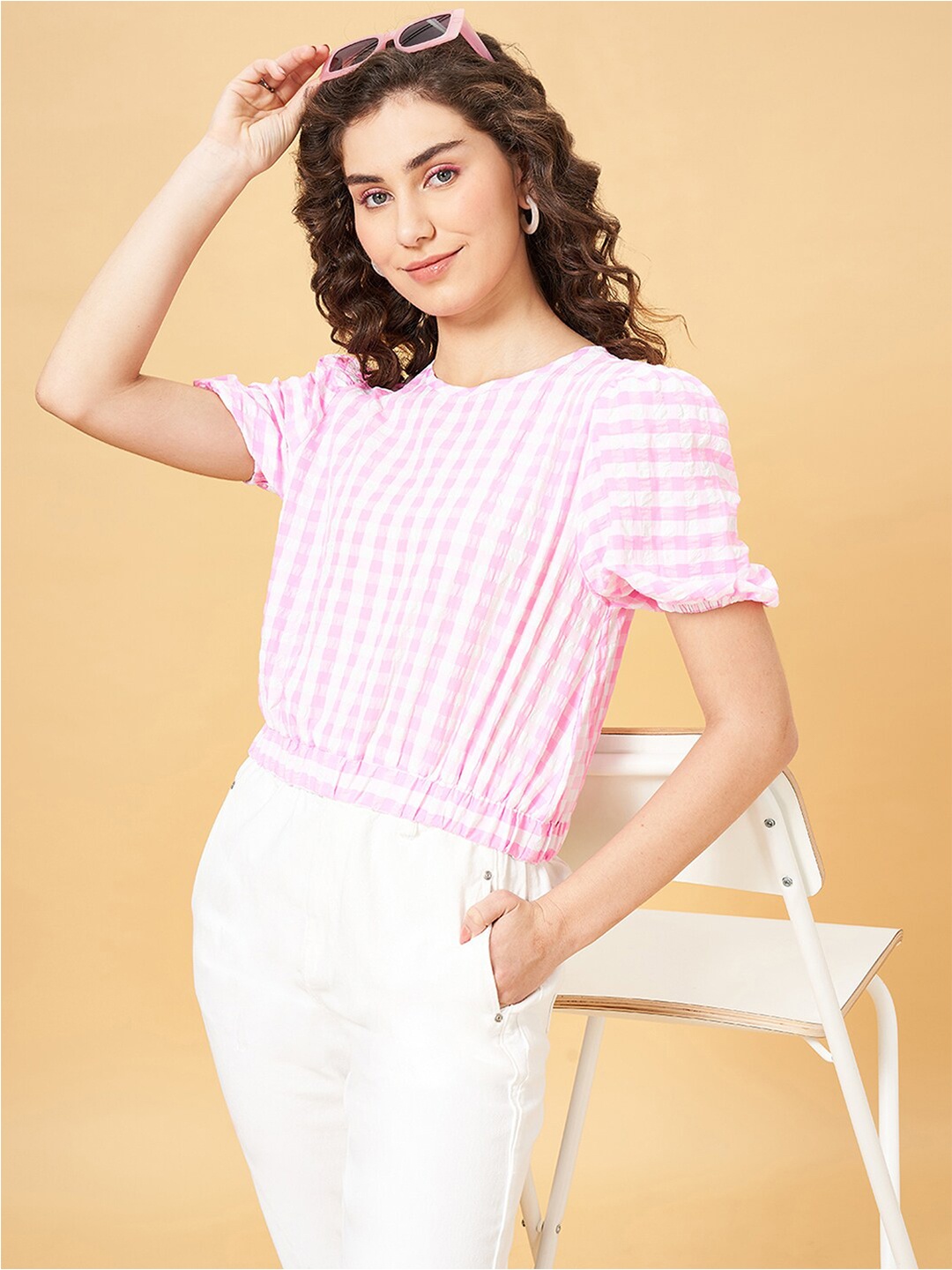 

People Pink Checked Puff Sleeves Regular Crop Top