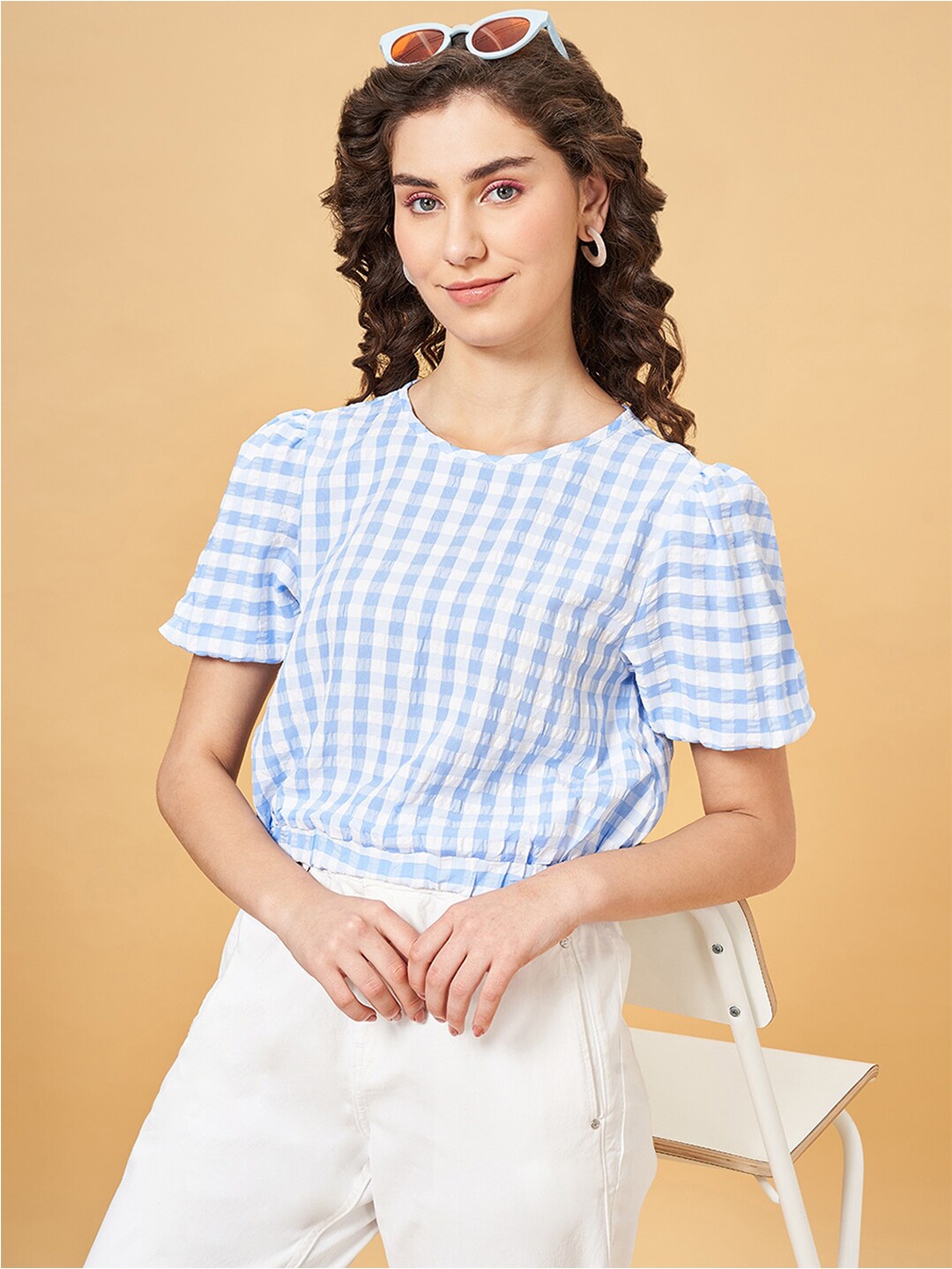 

People Blue Checked Puff Sleeves Regular Crop Top