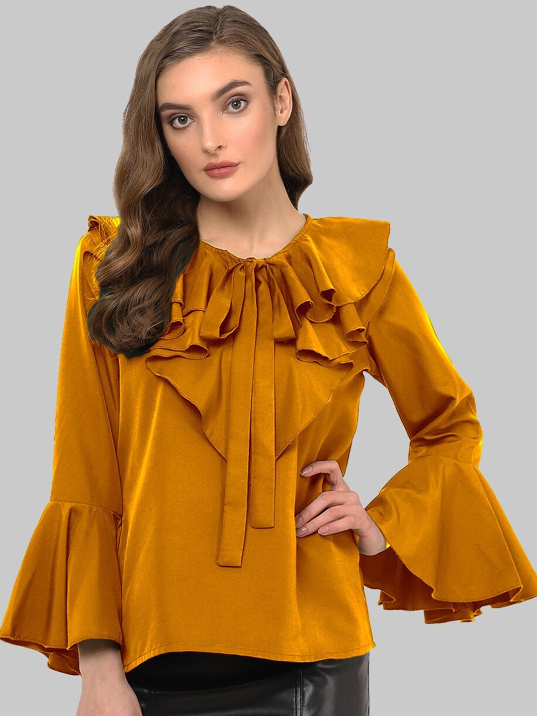 

Indietoga Tie-Up Neck Bell Sleeve Ruffles Georgette Top, Yellow