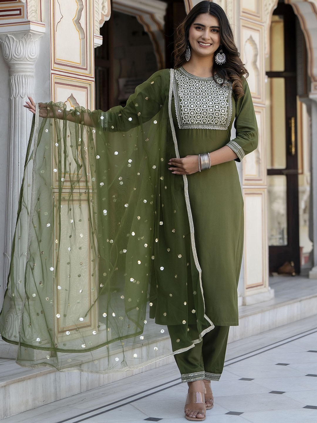 

Nayo Floral Yoke Design Regular Sequinned Kurta With Trousers & Dupatta, Green