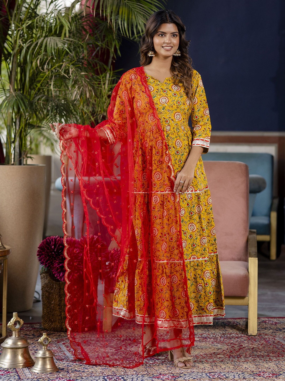 

Nayo Ethnic Motifs Print Cotton A-Line Dress With Scalloped Dupatta, Yellow