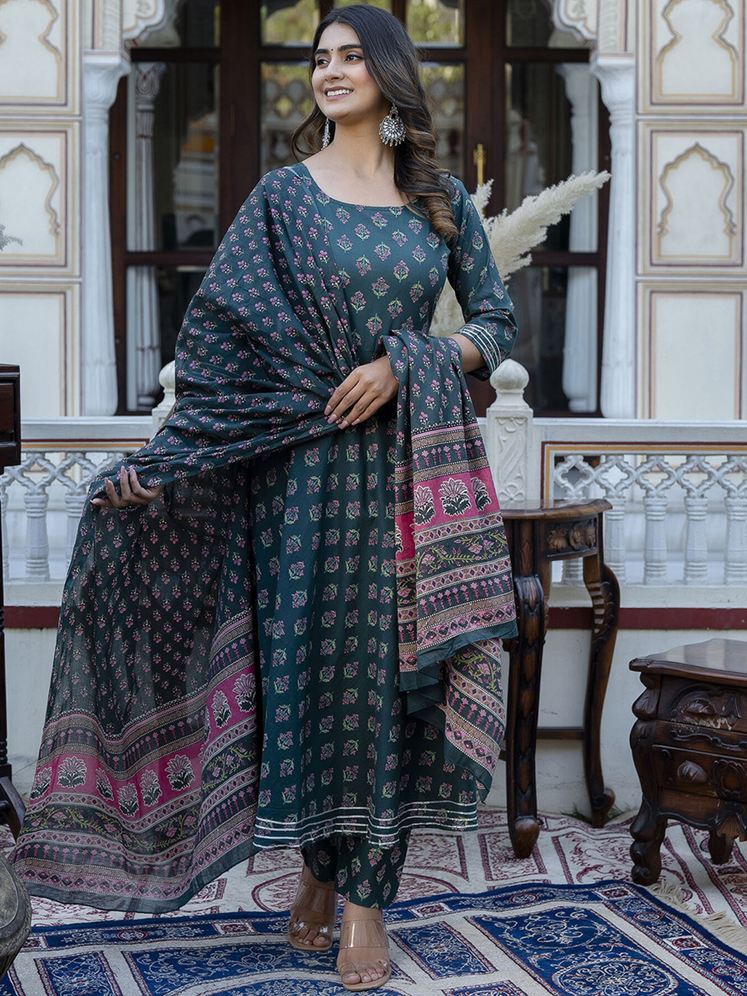 

Nayo Floral Printed Regular Gotta Patti Pure Cotton Kurta With Trousers & Dupatta, Green