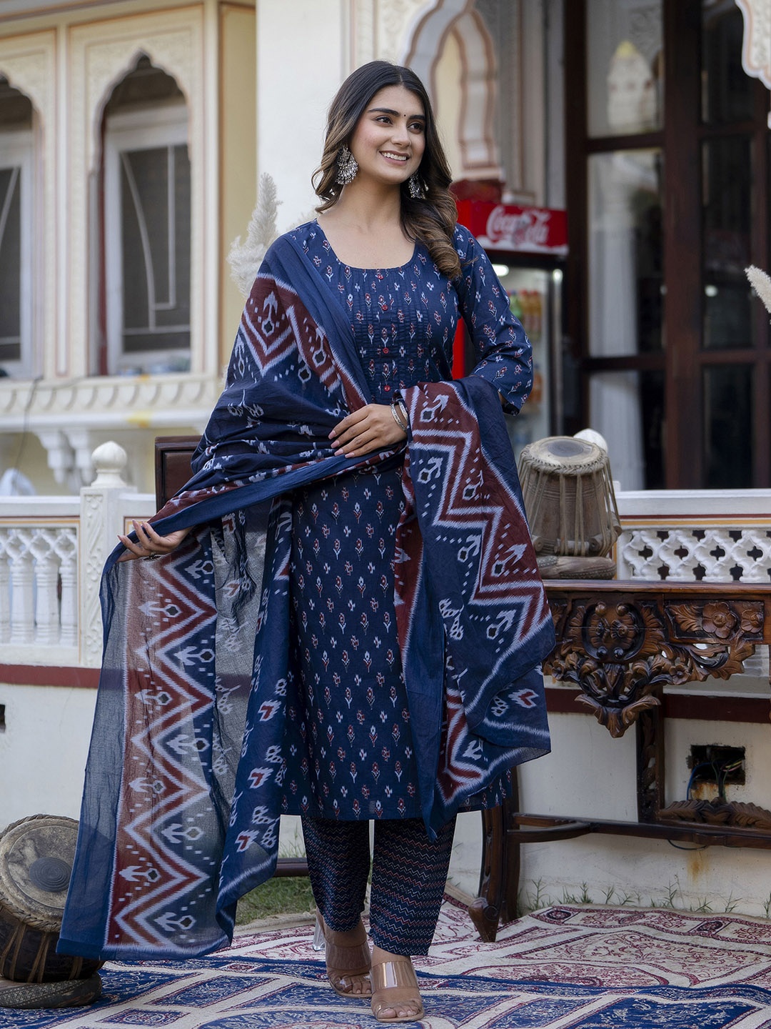

Nayo Floral Printed Regular Pure Cotton Kurta With Trousers & Dupatta, Blue