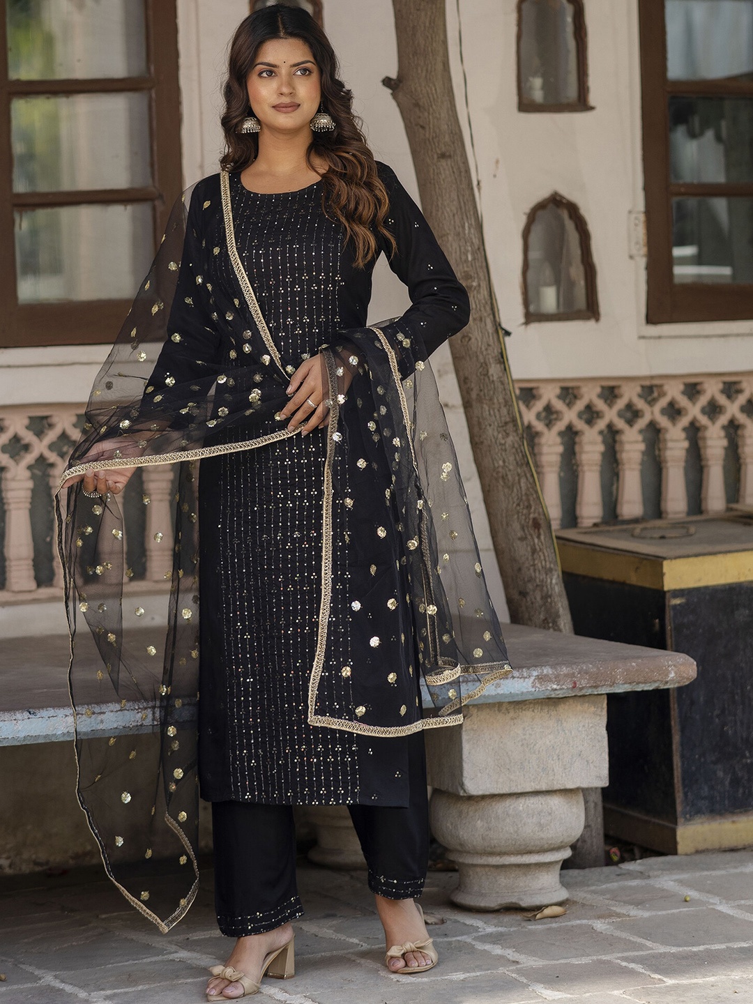 

Nayo Embroidered Regular Thread Work Kurta With Trousers & Dupatta, Black