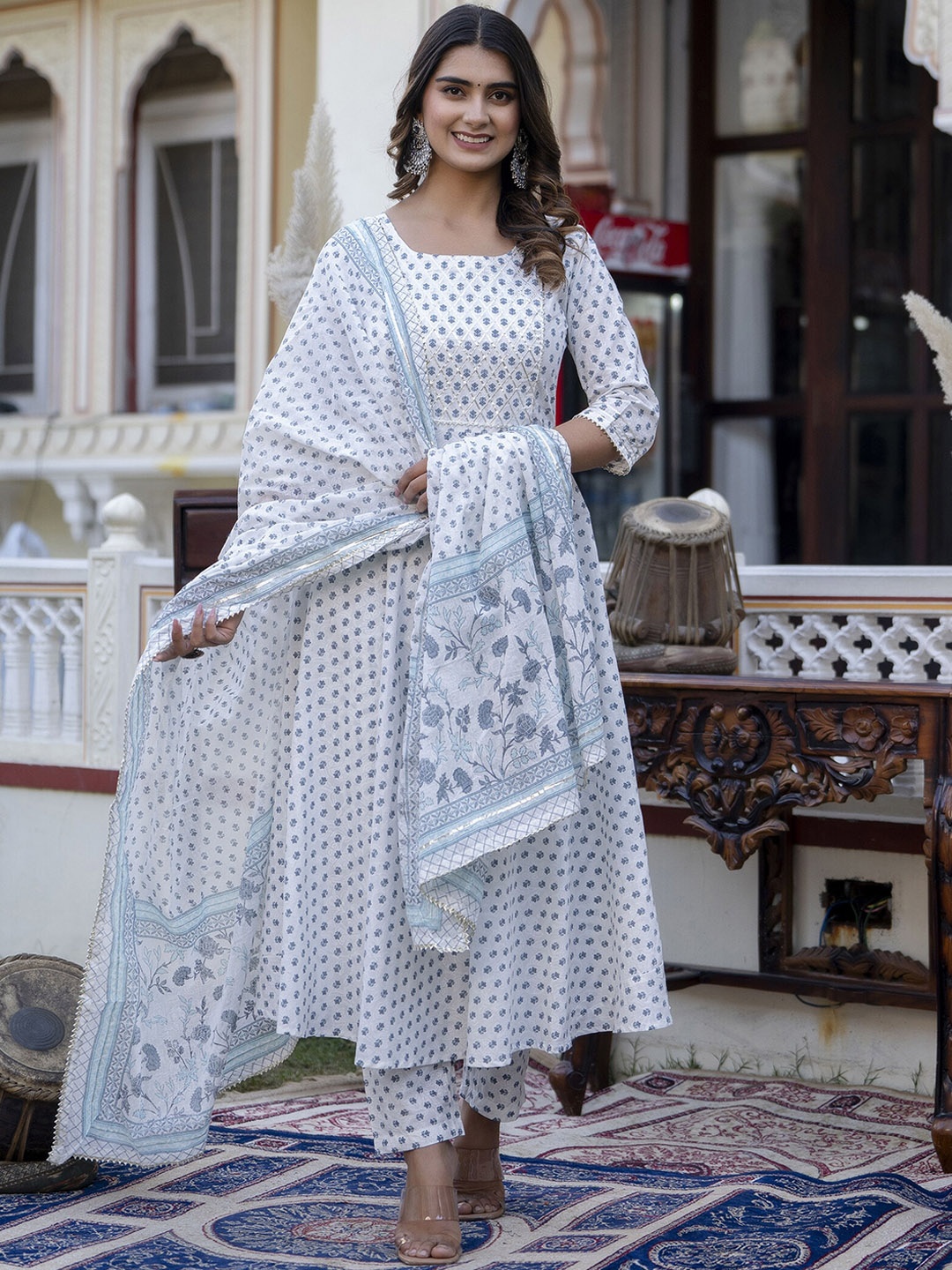 

Nayo Ethnic Motifs Printed Gotta Patti Pure Cotton Anarkali Kurta With Trousers & Dupatta, Off white