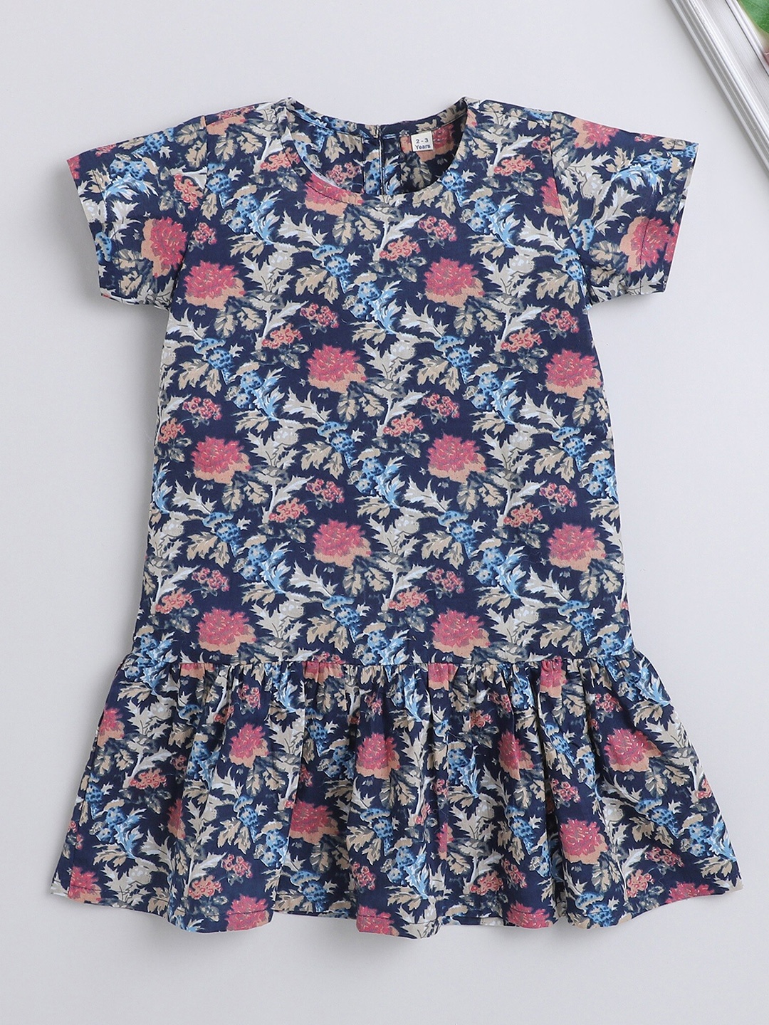 

The Magic Wand Girls Floral Printed Cotton Drop-Waist Dress, Navy blue