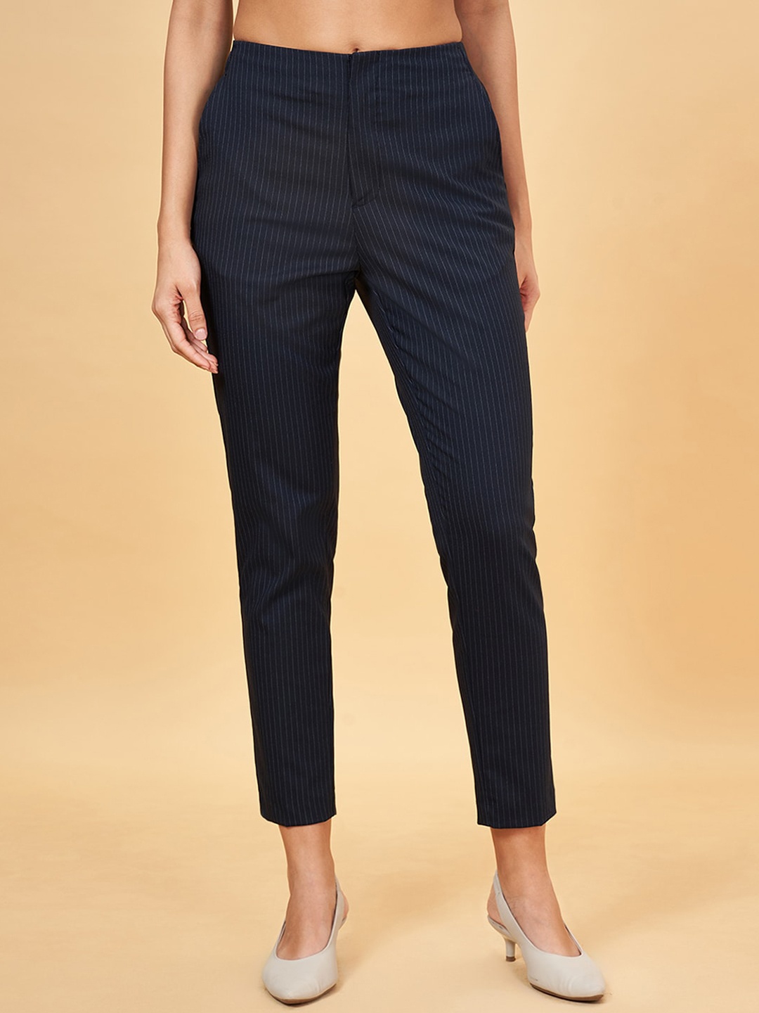 

Annabelle by Pantaloons Women Striped Tapered Fit Formal Trousers, Navy blue