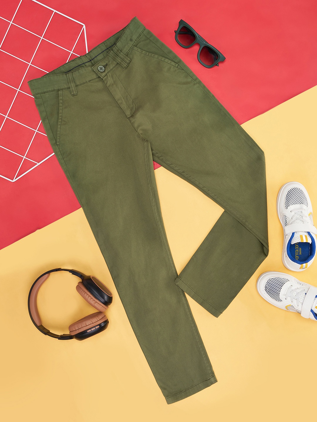 

Pantaloons Junior Boys Mid-Rise Pure Cotton Trousers, Olive