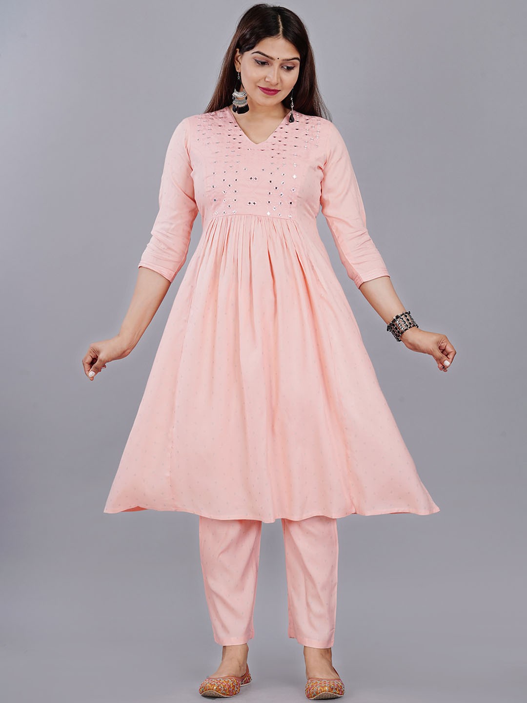

BAESD Yoke Design Empire Mirror Work Kurta with Trousers, Pink