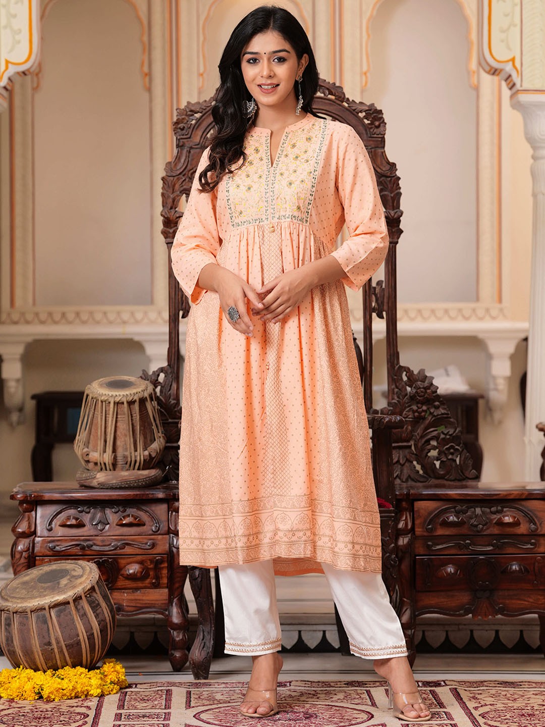 

BAESD Ethnic Motifs Embroidered Regular Kurta with Trousers, Pink