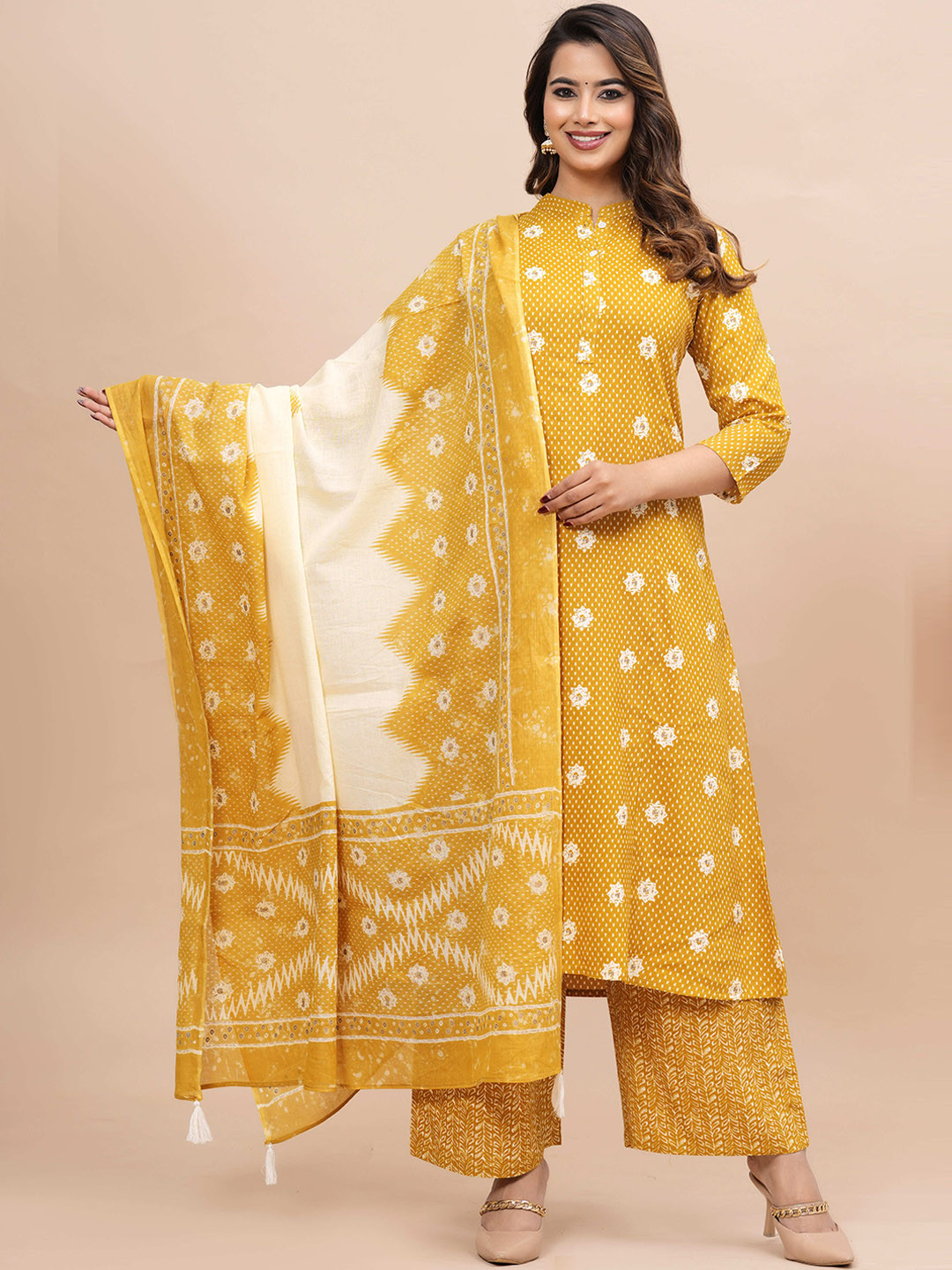 

BAESD Ethnic Motifs Mandarin Collar Regular Sleeves A-Line Kurta With Trousers & Dupatta, Yellow