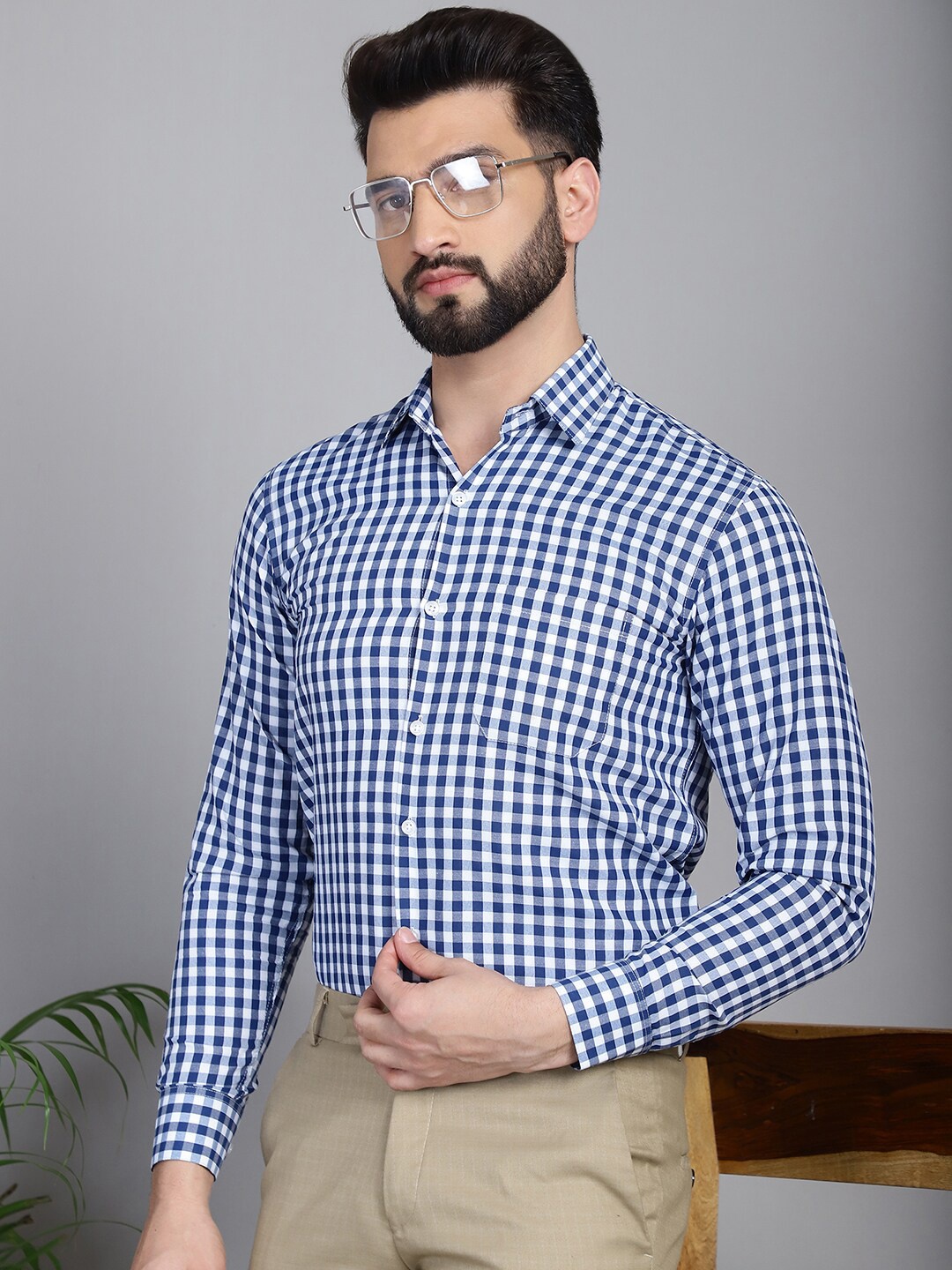 

Indian Needle Classic Gingham Checks Spread Collar Long Sleeves Pure Cotton Formal Shirt, Blue