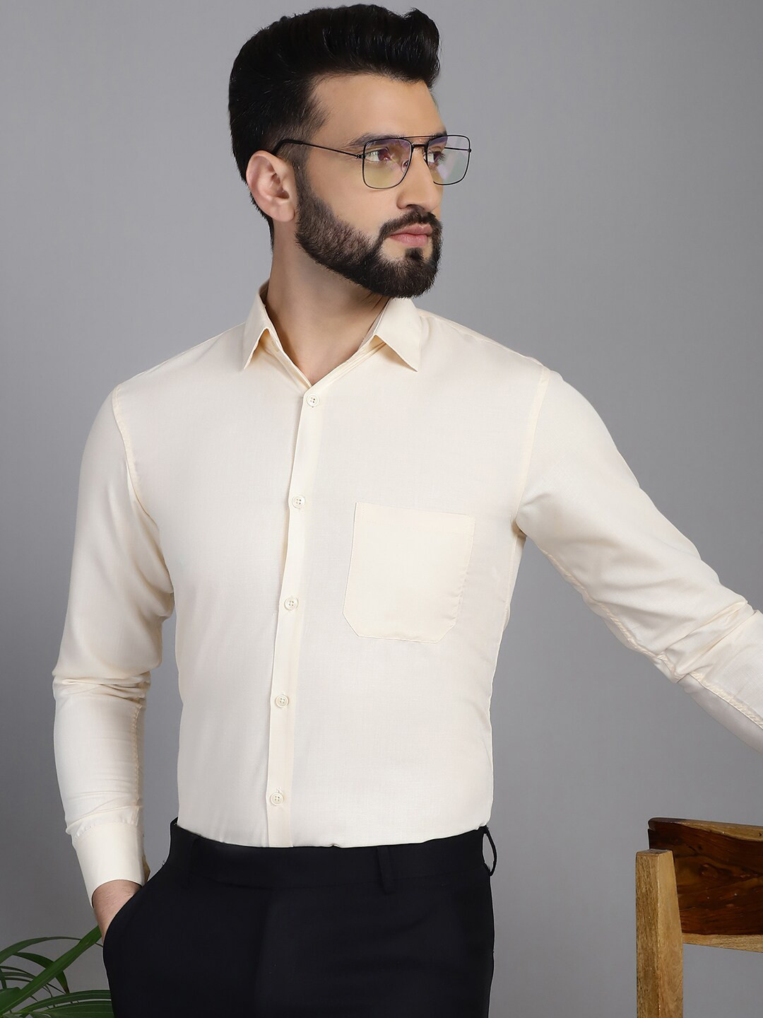 

Indian Needle Classic Spread Collar Long Sleeves Cotton Formal Shirt, Cream