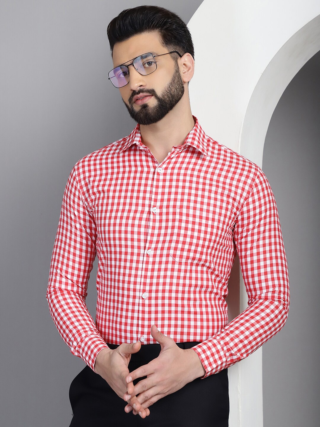 

Indian Needle Classic Gingham Checks Spread Collar Long Sleeves Pure Cotton Formal Shirt, Red
