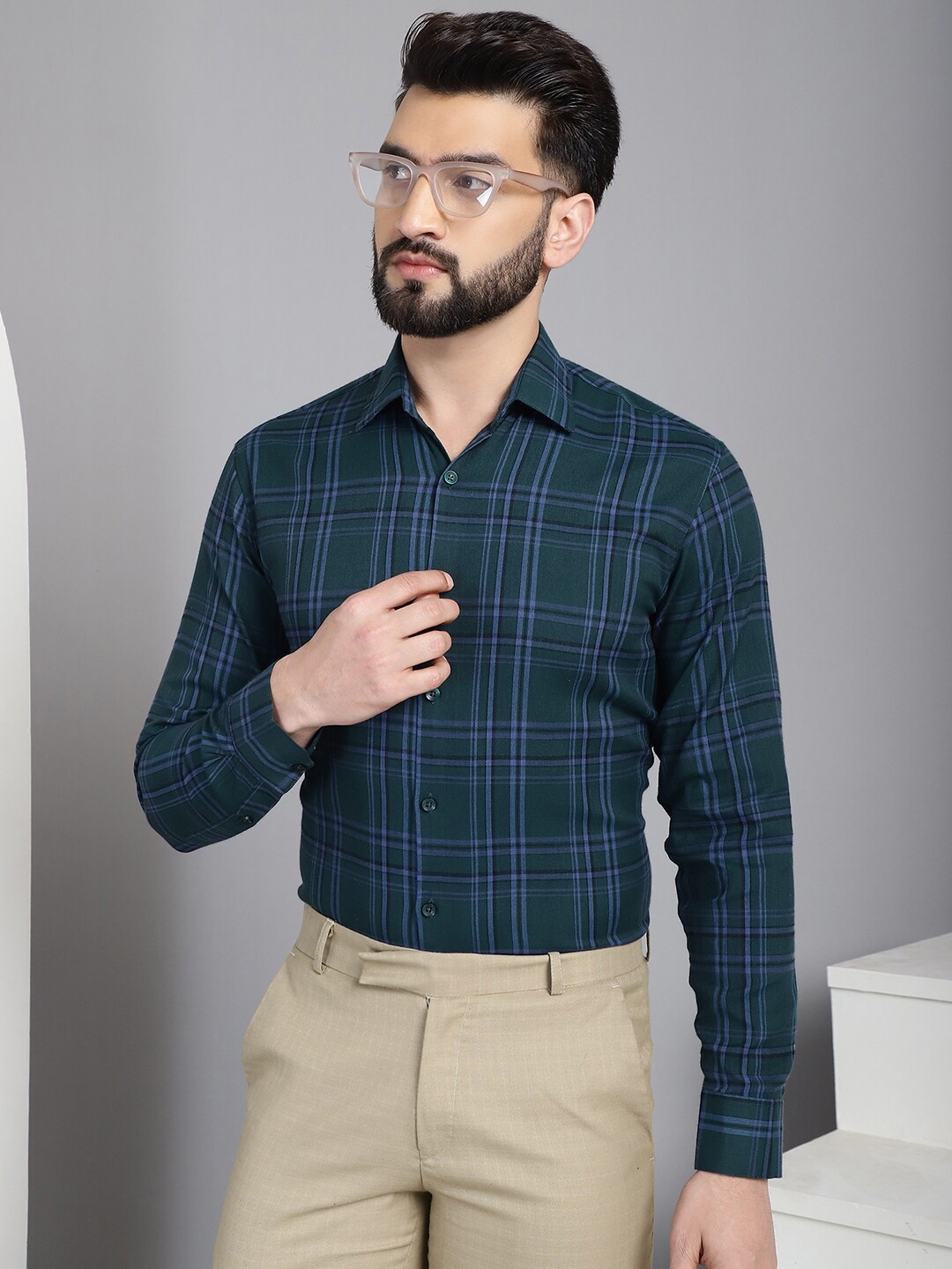 

Indian Needle Classic Tartan Checked Cotton Formal Shirt, Green