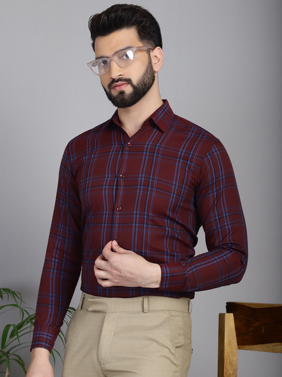 

Indian Needle Classic Tartan Checks Spread Collar Long Sleeves Pure Cotton Formal Shirt, Maroon