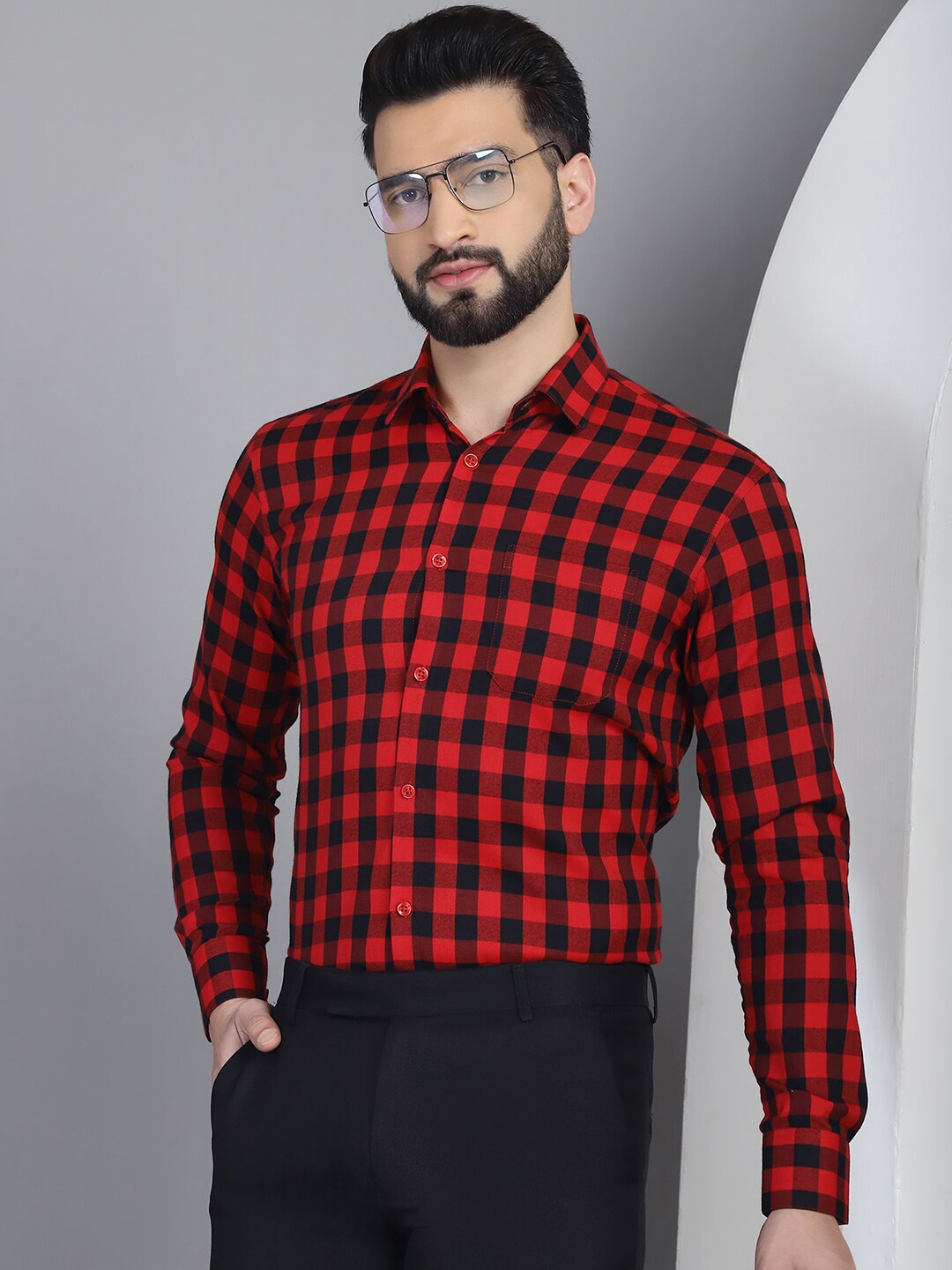 

Indian Needle Classic Buffalo Checked Pure Cotton Formal Shirt, Red