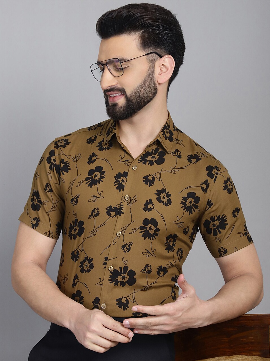 Indian Needle Classic Floral Printed Formal Shirt, Mustard