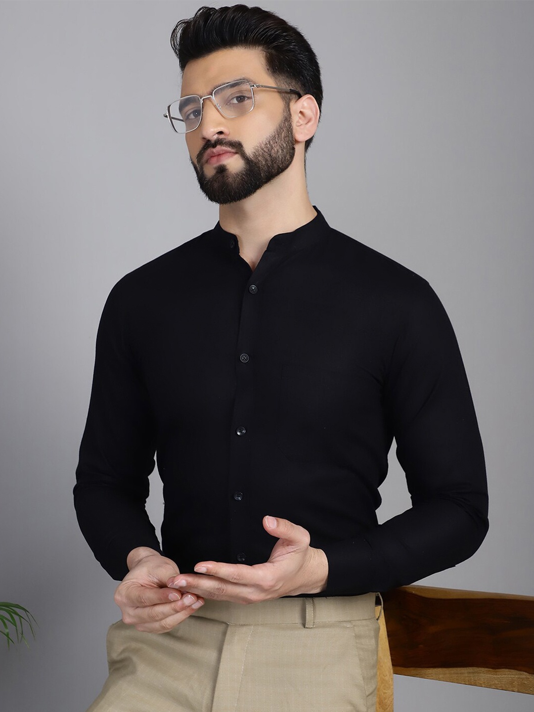 

Indian Needle Classic Mandarin Collar Formal Shirt, Black