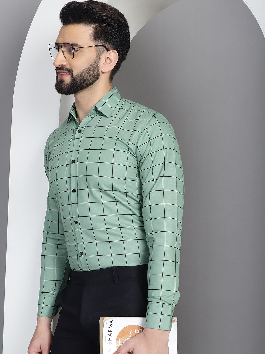 

Indian Needle Classic Windowpane Checked Pure Cotton Formal Shirt, Green