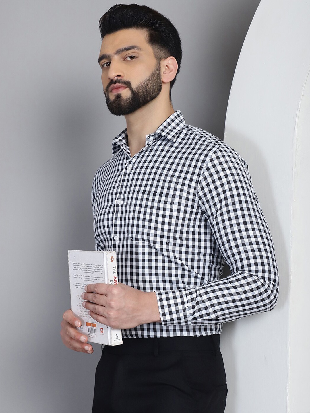 

Indian Needle Classic Gingham Checked Pure Cotton Formal Shirt, Black