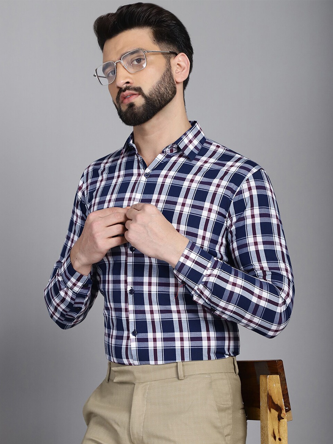 

Indian Needle Classic Tartan Checked Pure Cotton Formal Shirt, Navy blue