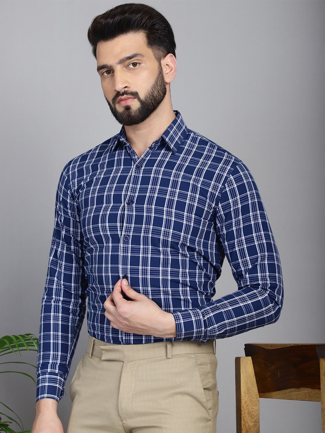 

Indian Needle Classic Tartan Checked Pure Cotton Formal Shirt, Blue
